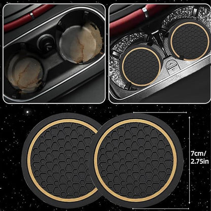 NBTEPEM 6 Pcs Beige Car Accessories Set, Sport Leather Steering Wheel Cover 14.5-15inch Universal, Microfiber Leather Car Center Console Cover, Seat Belt Cushion, Cup Holder Coaster (Black-Beige)