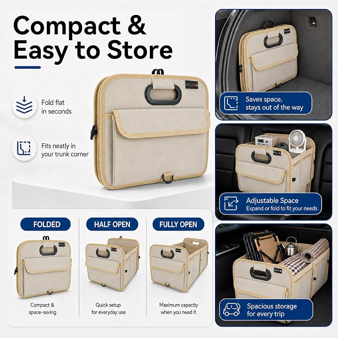 PAT SAM'S Trunk Organizer for SUV, Collapsible Car Trunk Organizer with Dividers, Waterproof 600D Oxford, Non-Slip Storage Organizer for Groceries, Tools, Travel, Truck & Car (Beige)