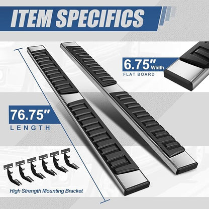 Auto Dynasty Flat Running Boards Compatible with 2009-2024 Dodge Ram 1500 Quad Extended Cab Models, Stainless Steel Side Step Rail Nerf Bars, 6.75" Step Bars, Chrome Polished