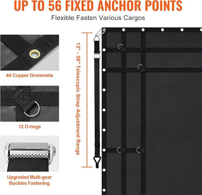 VEVOR Waterproof Cargo Net, 96 in x 81 in, Heavy Duty Truck Cargo Net-(WLL) 700lbs, 4 Adjustable Straps with Carabiners & S-Hooks, Truck Bed Cover for Trailer, Pickup, Boat, Jeep, SUV 6.75' x 8'
