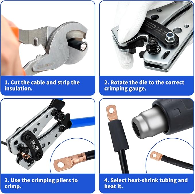 Sanuke Battery Cable Lug Crimping Tool with Heavy Duty Cable Wire Cutters, Battery Cable Crimper for AWG 8 6 4 2 1/0 Copper Lug Ring Terminals, Aluminum Copper Communication Cables Cutting