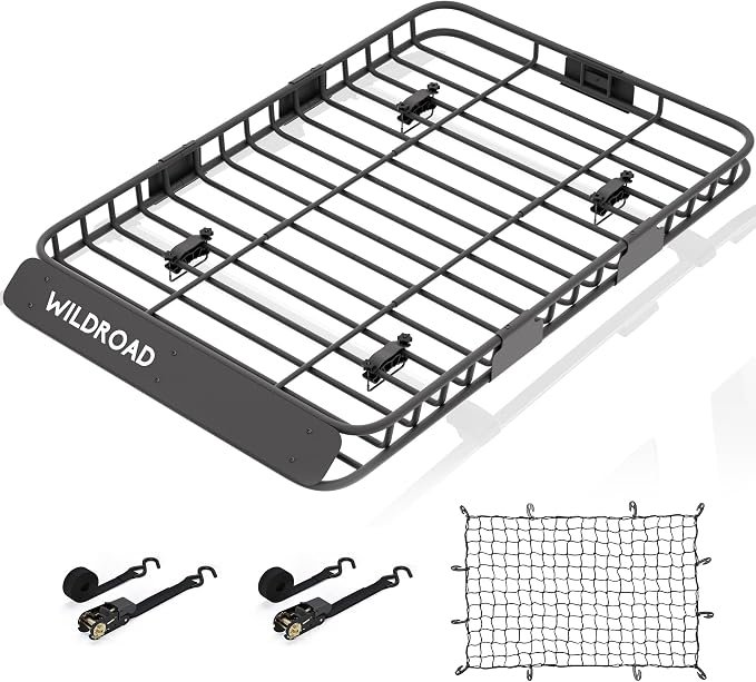 Wildroad Car Roof Cargo Carrier Combo of Upgraded 64"x 39"x 4" Roof Rack Cargo Basket, Super Duty Bungee Cargo Net. Universal Car Top Luggage Holder Carrier Basket Fits for SUV Truck Cars