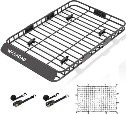 Wildroad Car Roof Cargo Carrier Combo of Upgraded 64"x 39"x 4" Roof Rack Cargo Basket, Super Duty Bungee Cargo Net. Universal Car Top Luggage Holder Carrier Basket Fits for SUV Truck Cars
