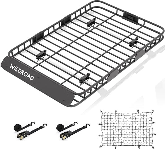 Wildroad Car Roof Cargo Carrier Combo of Upgraded 64"x 39"x 4" Roof Rack Cargo Basket, Super Duty Bungee Cargo Net. Universal Car Top Luggage Holder Carrier Basket Fits for SUV Truck Cars
