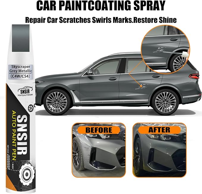 Car Touch up Paint(C4W Skyscraper Grey Metallic) Compatible with BMW | Automotive Paint Pen for 2/3/4/8/X3/X5/X6/X7/Z4/i4, Car Paint Pen Scratch Repair Two-In-One Touch Up Paint