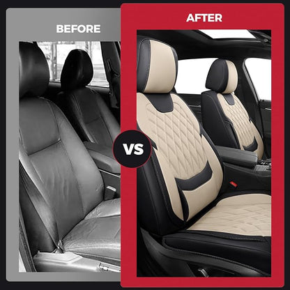 FREESOO Front Car Seat Covers - Luxury Breathable Waterproof Faux Leather Car Seat Cushion Protectors with Lumbar Support, Universal Fit for Most 5 Seats Vehicles Sedans Hatchbacks Trucks, Black Beige