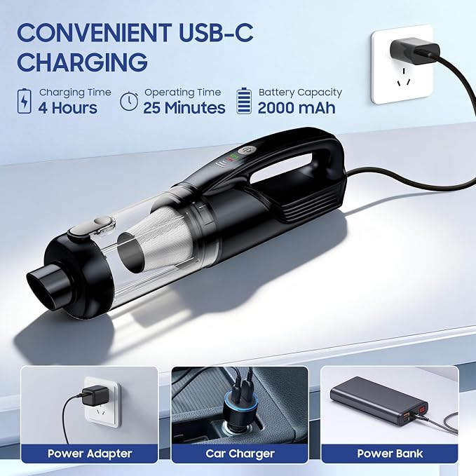 Car Vacuum Portable Cordless, 17000Pa Vacuum Cleaner with Brushless Motor, 2-in-1 Handheld Vacuum Cordless with Multi-Nozzles & Washable Filters, 2 Suction Modes for Home, Car, Office, Pet Hair