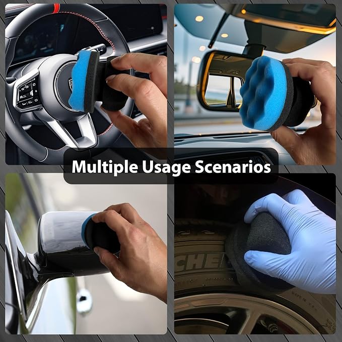4 Pcs Tire Shine Applicator Pads, Tire Dressing Applicator, Reusable Tire Shine Sponge Wave Contoured for Car Detailing, 3.15inch (2 Blue & 2 Black)