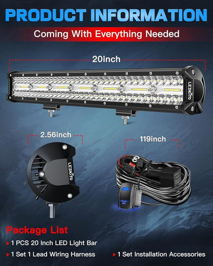 20Inch LED Light Bar Off Road Driving Work Light Kit 280W with Rocker Switch 16AWG Wiring Harness Triple Row Spot Flood Combo Light Bars for Trucks SUV UTV ATV UTE Pickup Tractor Golf Boat