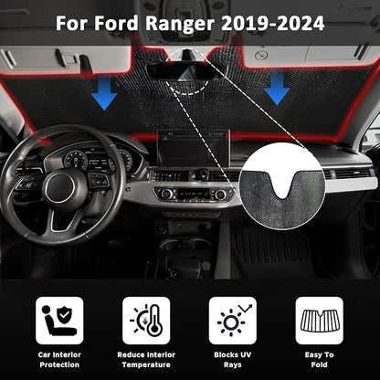 Car Windshield Sun Shade for Ford Ranger 2019-2024 Front Window Sunshade Sun Visor Protection Cover Accessories -5-Layer Bubble Foldable Thicken Blocks Heat & UV Rays Keep Car Cooler