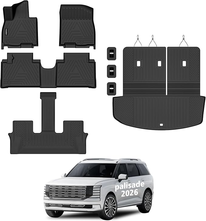 All Weather Car Floor Mats Cargo Liner with Backrest Mat for 2026 Hyundai Palisade 7&8 Seats Hybrid, TPE Rubber Liners Full Set Automotive Mats for 2026 Hyundai Palisade Accessories