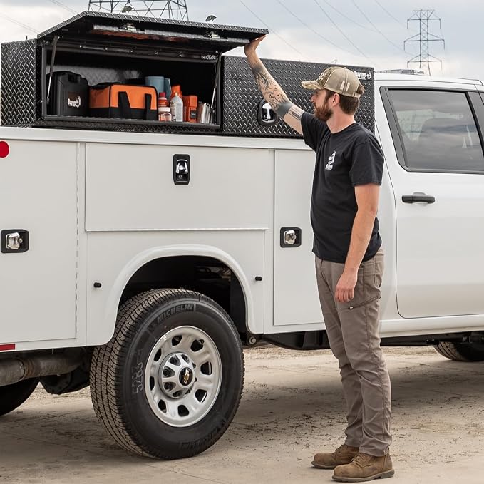 Buyers Products 1721351 Topsider Truck Tool Box, 16x13x72 Inch, Gloss Black Diamond Tread Aluminum, Dual Flip-Up Doors, Locking Compression Latch, Weather Resistant, No-Drill Mount, Made in USA