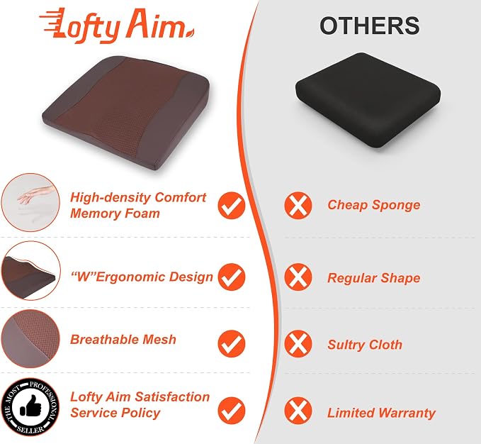 Lofty Aim Car Seat Cushion, Comfort Memory Foam Car Cushions for Driving - Sciatica & Lower Back Pain Relief, Driver Seat Pillow for Auto, Office Chair, Wheelchair - Brown