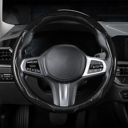 Carbon Fiber Steering Wheel Cover, Snap on Car Steering Wheel Cover Set Accessories 3pcs Wrap Grip Non Slip Protector Universal Glossy Black