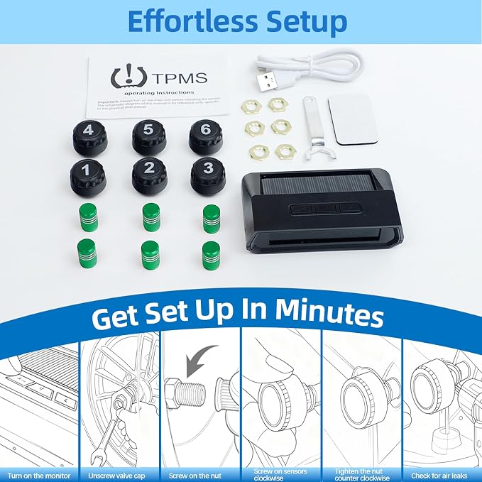 Tire Pressure Monitoring System TPMS, Solar Charge Tire Pressure Monitor with 4 External Sensors & 6 Alarm Modes, 0-99 PSI, Real-time Wireless TPMS for Car Sedan SUV Pickup - with 4 Tire Valve Caps