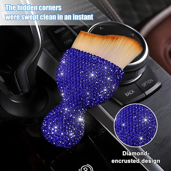 Bling Car Detailing Brush, Crystal Rhinestone Non-Scratch Vehicle Cleaning Dust Brush for Air Vent & Dashboard, Soft Bristles Automotive Interior Cleaning Tool, Universal Fit (Blue)