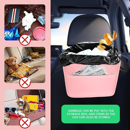 Car Seat Back Organizer, Leather Backseat Hanging Storage Bag, Multipurpose Car Hanging Trash Bag with 2 Compartments, Car Large Capacity Pouch Pocket for Kids & Adults (Pink)