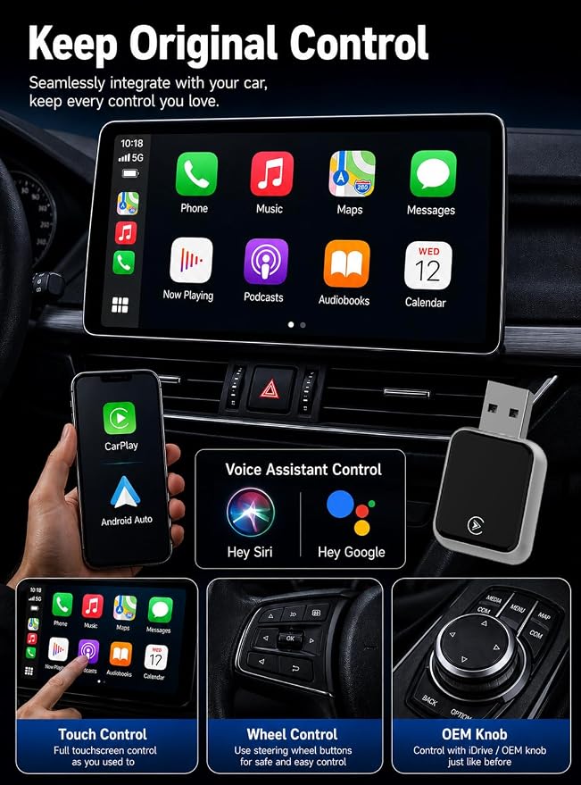 2026 Upgraded USB Wireless CarPlay Adapter for iPhone, Bluetooth 5.8 and Wi-Fi 6, Automatic & Zero-Delay Connection, Android auto Carplay Wireless Adapter for Android and iOS Systems. (Light Gray)