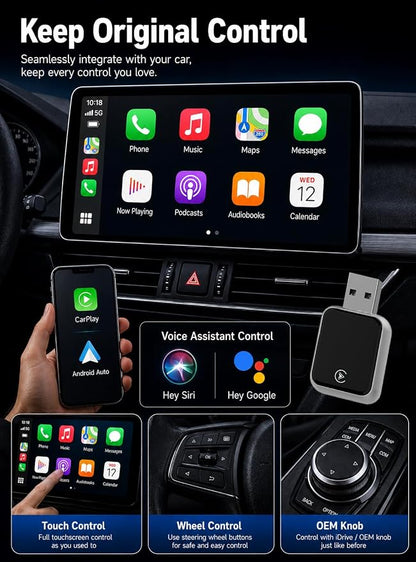 2026 Upgraded USB Wireless CarPlay Adapter for iPhone, Bluetooth 5.8 and Wi-Fi 6, Automatic & Zero-Delay Connection, Android auto Carplay Wireless Adapter for Android and iOS Systems. (Light Gray)
