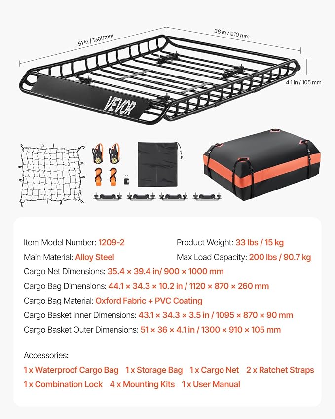 VEVOR Roof Rack Basket, 51 x 36 x 4.1 in, Universal Rooftop Cargo Carrier with 1120 x 870 x 260 mm Cargo Bag, Net, Ratchet Straps, 200 lbs Max Load Capacity Car Top Luggage Holder, for SUV Truck Car