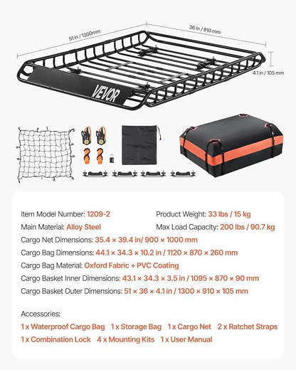VEVOR Roof Rack Basket, 51 x 36 x 4.1 in, Universal Rooftop Cargo Carrier with 1120 x 870 x 260 mm Cargo Bag, Net, Ratchet Straps, 200 lbs Max Load Capacity Car Top Luggage Holder, for SUV Truck Car