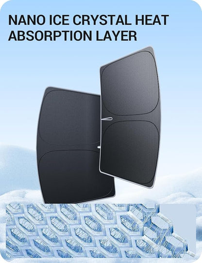 BASENOR 2026-2017 Tesla Model Y Model 3 Windshield Sunshade [Nano Ice Crystal], Folding Front Window Sun Shade, Heat UV Protection for Tesla Accessories