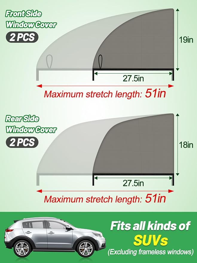 Car Window Shades for SUV - 4 Pack Stretchy Sun Shade Mesh Side Car Window Screen Covers for Camping Family Baby Pet Anti-Mosquito Privacy Protection When Parking