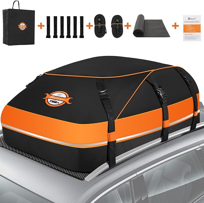 Sailnovo Rooftop Cargo Carrier, 20 Cubic Feet Soft-Shell Cargo Carrier for Top of Vehicle with/Without Roof Rack, Waterproof Car Roof Cargo Carrier with Anti-Slip Mat, Reinforced Straps, Door Hooks