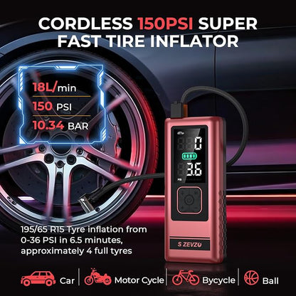 S ZEVZO Car Jump Starter with Air Compressor, 4000A 150PSI Jump Box Battery Pack(6.0 Gas/4.0L Diesel), Portable 12V Jump Box with Auto-Shutoff Tire Inflator, USB Ports, LCD Display & LED Light