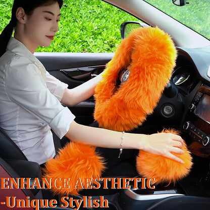 Fluffy Genuine Sheepskin Steering Wheel Cover Set for Women Parents-Fuzzy Soft Australian Merino Wool Wrap with Gear Shift and Hand Brake Covers, Cozy Stylish Luxury Car Accessories (Black)
