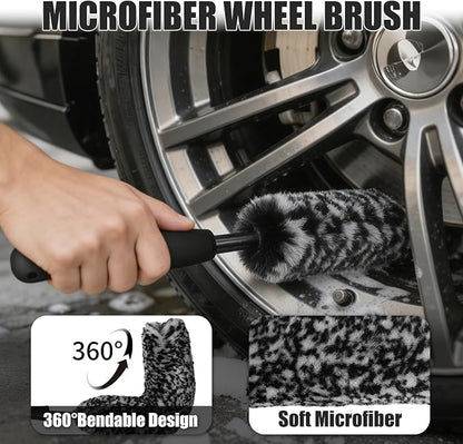 8PCS Car Wheel Brush kit,Wheel Cleaner Brush, Microfiber Cleaning Cloth,Soft Bristle Rim Brush,Tire Polishing Application Pad,Drying Towel.Tire Cleaning Brush Kit for Trucks, Cars, RVs