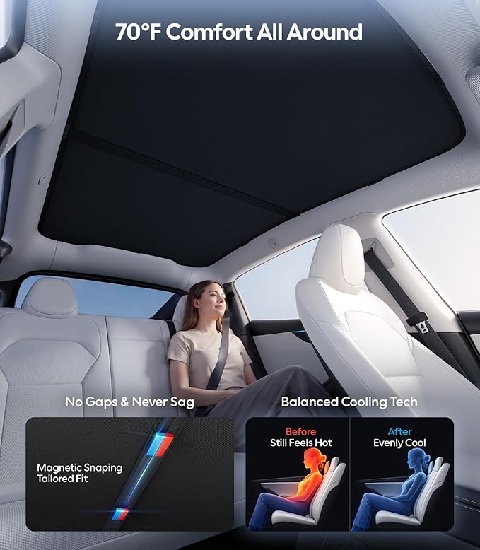 Wigoo Tesla New Model Y Juniper Accessories Sunshade Roof [Never Sag, Nano Ice-Crystal Coatings] Heat Insulation Glass Roof Sun Shade, Accessories for Tesla New Model Y 2025 2026 Launch, Black