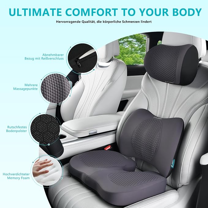 FLORICH 3 PCS Seat Cushion for Carseat Lumbar Support Pillow Car Neck Headrest Pillows Memory Foam Gel Memory Foam Massage Point Seat Pads Pressure Relief Back Cushion for Office Chair(Light Grey)