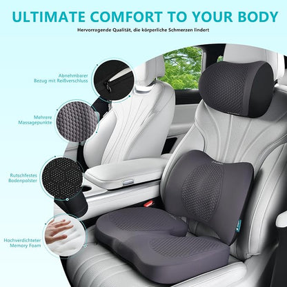 FLORICH 3 PCS Seat Cushion for Carseat Lumbar Support Pillow Car Neck Headrest Pillows Memory Foam Gel Memory Foam Massage Point Seat Pads Pressure Relief Back Cushion for Office Chair(Light Grey)