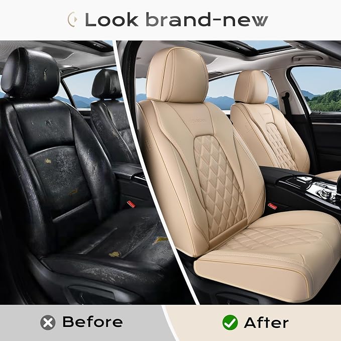 Coverado Front Seat Covers, Luxury Faux Leather Seat Covers for Cars, Beige Car Seat Covers, Car Seat Protector Waterproof, Automotive Interior Accessories Universal Fit for Most Cars Truck SUV Sedan