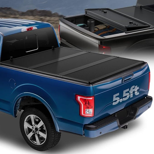 Auto Dynasty FRP Hard Tri-Fold Truck Bed Tonneau Cover Compatible with 2015-2025 Ford F150 F-150 5.5Ft/66Inch Fleetside Bed, Black Powdercoated