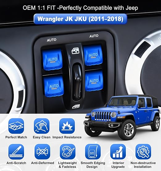 Upgrade Metal Window Switch Button Cover Fit for Jeep Wrangler JK JKU 2018 2017 2016 2015 2014 2013 2012 2011 Accessories,Interior Trim Kit 4PCS (Blue)