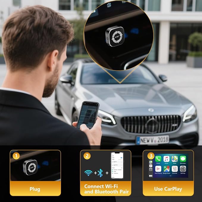 4 in 1 Wireless Carplay Adapter, Wired to Wireless Adapter for Car Play& Android Auto&Airplay&Mirror Link,USB-A Plug with Type-C Extension,Mini Size and Compact (4 in 1)