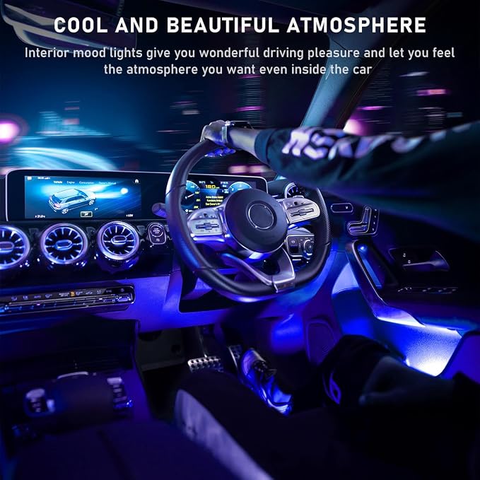 Ohleats Car LED Strip Light, 48 LED RGB Auto Interior Atmosphere Lights, Cigarette Lighter Under Dash Ambient Night Light, Interior Lamp Lighting Kit (Blue, Cigarette Lighter)