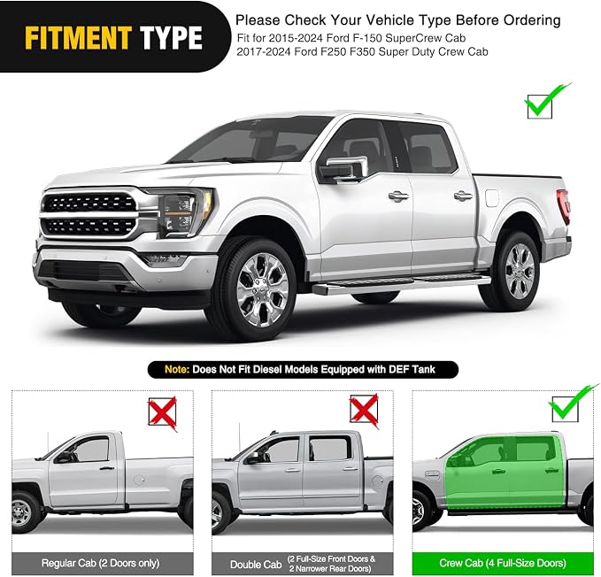Nilight Running Boards for 2015-2026 Ford F-150 SuperCrew Cab 2017 2018 2019 2020 2021 2022 2023 2024 2025 2026 Ford F250 F350 Super Duty Crew Cab 6 Inch Stainless Steel Bolt-on Side Step Nerf Bars