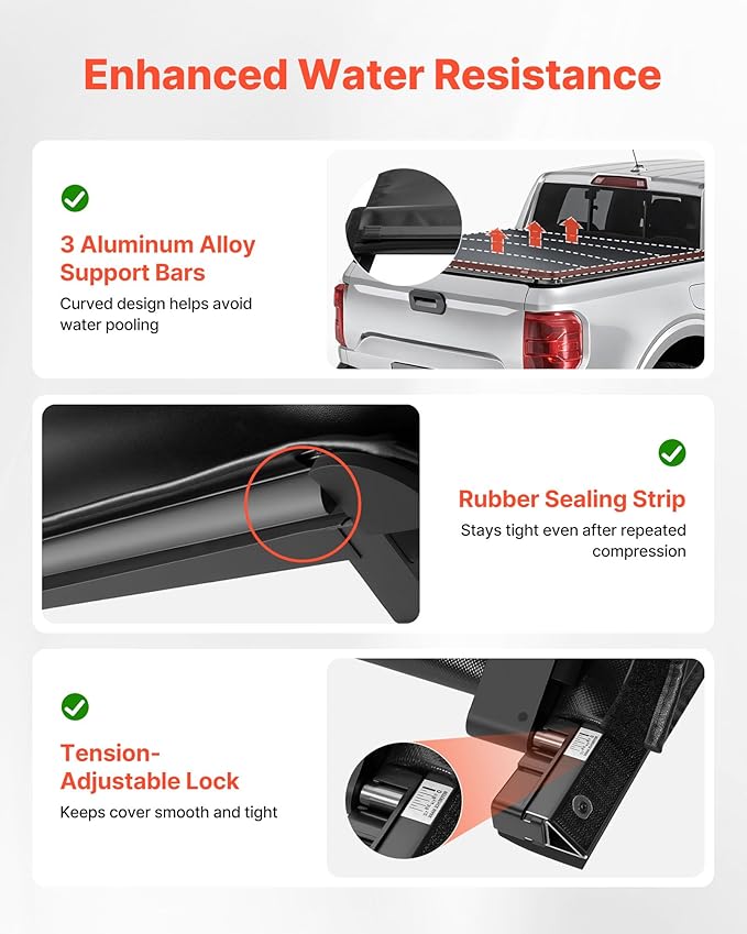 VEVOR Soft Roll-Up Truck Bed Tonneau Cover, Compatible with 2022-2026 Ford Maverick, Fits Styleside 4.5 ft (4 ft 6 in/54 in) Bed, Triple-Layer PVC Tonneau Cover with Three Aluminum Alloy Support Bars