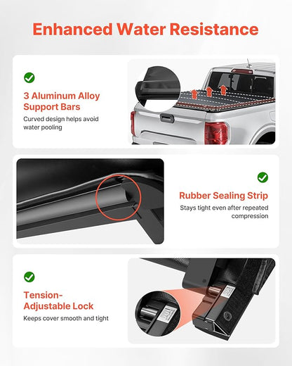 VEVOR Soft Roll-Up Truck Bed Tonneau Cover, Compatible with 2022-2026 Ford Maverick, Fits Styleside 4.5 ft (4 ft 6 in/54 in) Bed, Triple-Layer PVC Tonneau Cover with Three Aluminum Alloy Support Bars