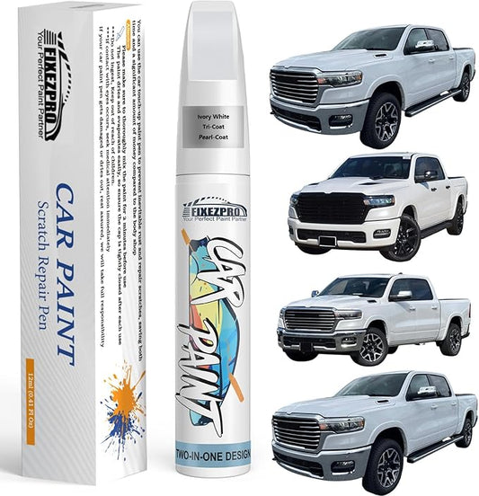 Ivory White Tri-Coat Pearl-Coat(PWD/JWD) Touch Up Paint for Ram, Exact Color Match Car Paint Scratch Repair Remover Pen Kit Fix Vehicle Chips and Automotive Nicks Scuff