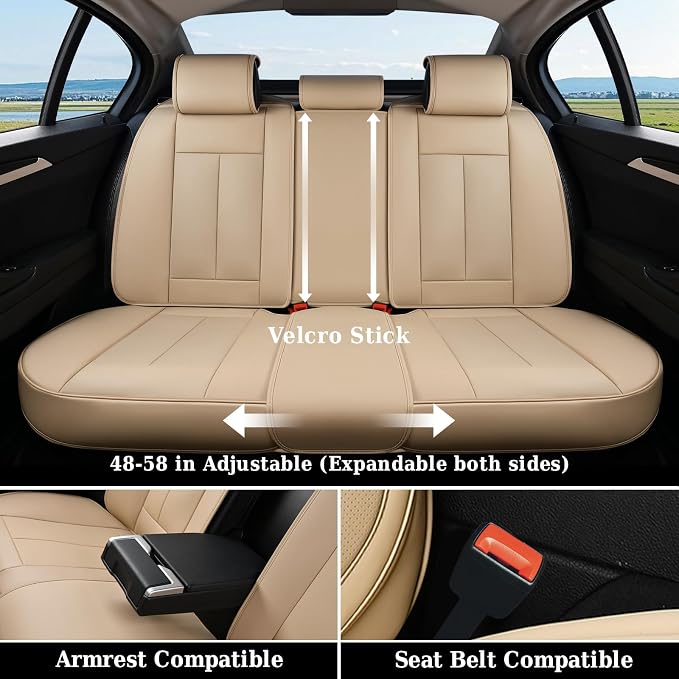 Coverado Car Seat Covers Beige, Backseat Cover for Dogs, Car Seat Protector for Back Seat, Car Seat Cushion Nappa Leather, 3-Pieces Waterproof Seat Covers Carseat Cover Universal Fit for Most Cars