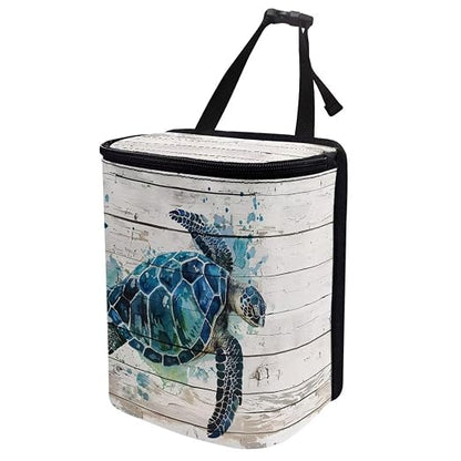 Talayituse Watercolor Turtle Wood Print Car Trash Bin, Large Size Auto Trash Can Adjustable Portable Garbage Can with Lid, Vehicle Hanging Bag for Headrest Front Back Seat