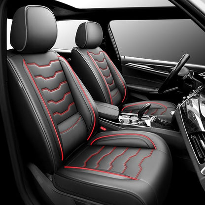 Fit Patriot Car Seat Covers for Jeep Patriot 5 Seats 2007-2016 2017 -Premium Leather, Waterproof & Breathable，All-Weather Seat Cushion Protecto & Airbag Compatible, 2 Front Seat Red Line&Black