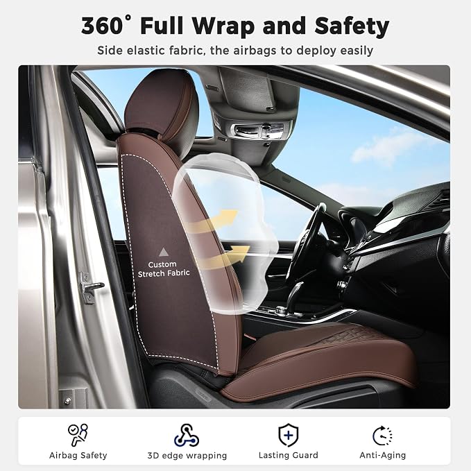 Huidasource Car Seat Covers Full Set, Car Seat Cushion Cover, Full-Cover Leather Car Seat Covers Front and Rear 5 Seats, Waterproof Automotive Seat Covers Fit for Most Cars SUV Trucks, Coffee