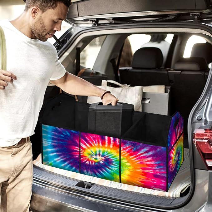 TieDye Car Trunk Organizer Storage Box Collapsible Non-Slip Automotive Organizer Vehicle Organization