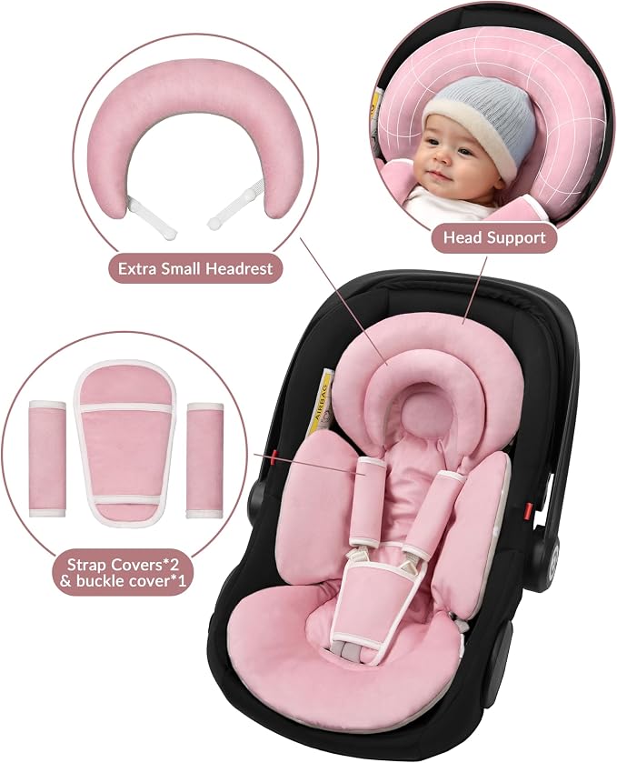 Tinlyfinly Infant Car Seat Insert with Extra Cushion for Preemie to Toddler, Reversible Newborn Carseat Insert for Baby Head Body Support, Fits for Stroller, Baby Swing, Bouncer (Pink)
