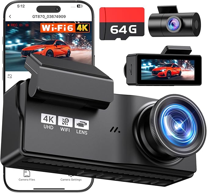 Dash Cam Front and Rear, 4K+4K Dash Camera for Cars, Daul Car Camera with 64GB Card, Dashcam with 3" IPS Display, Loop Recording, Night Vision, 24H Parking Mode